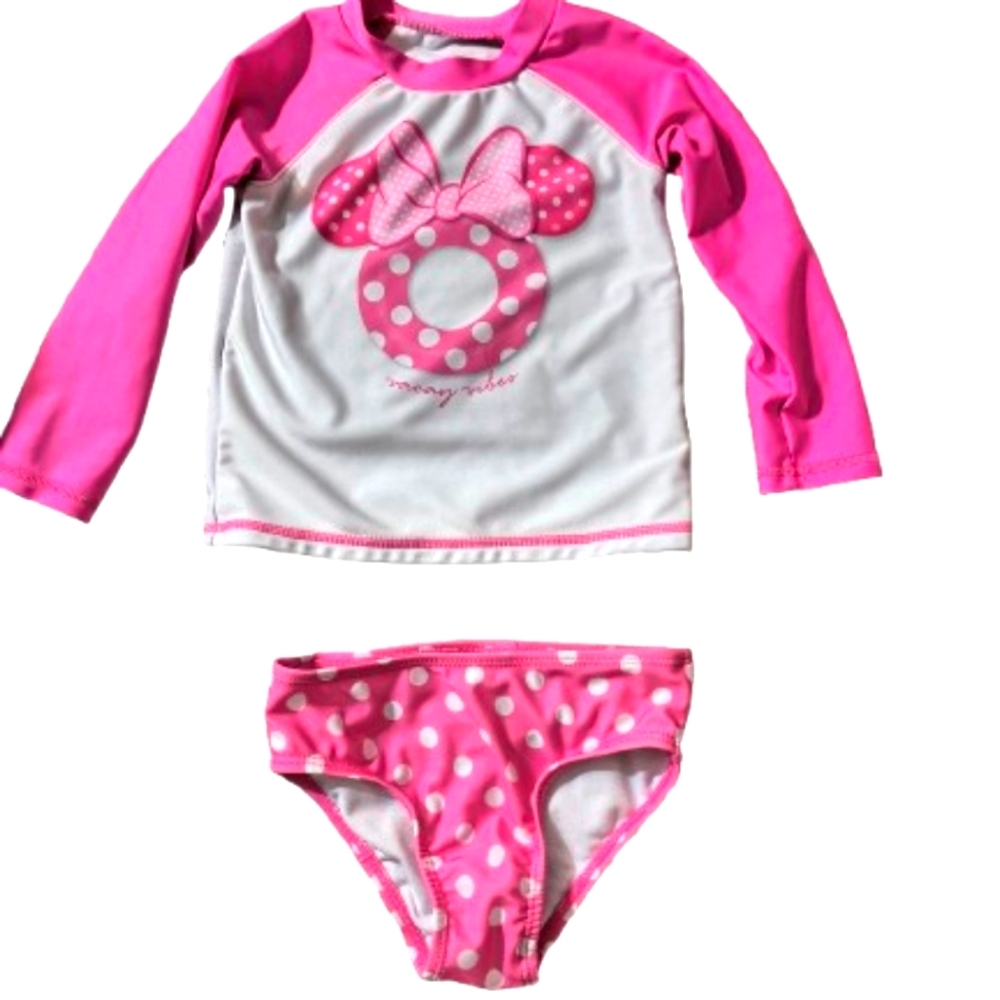 Disney Pink and White Minnie Mouse Girls Rash Guard Swim Set